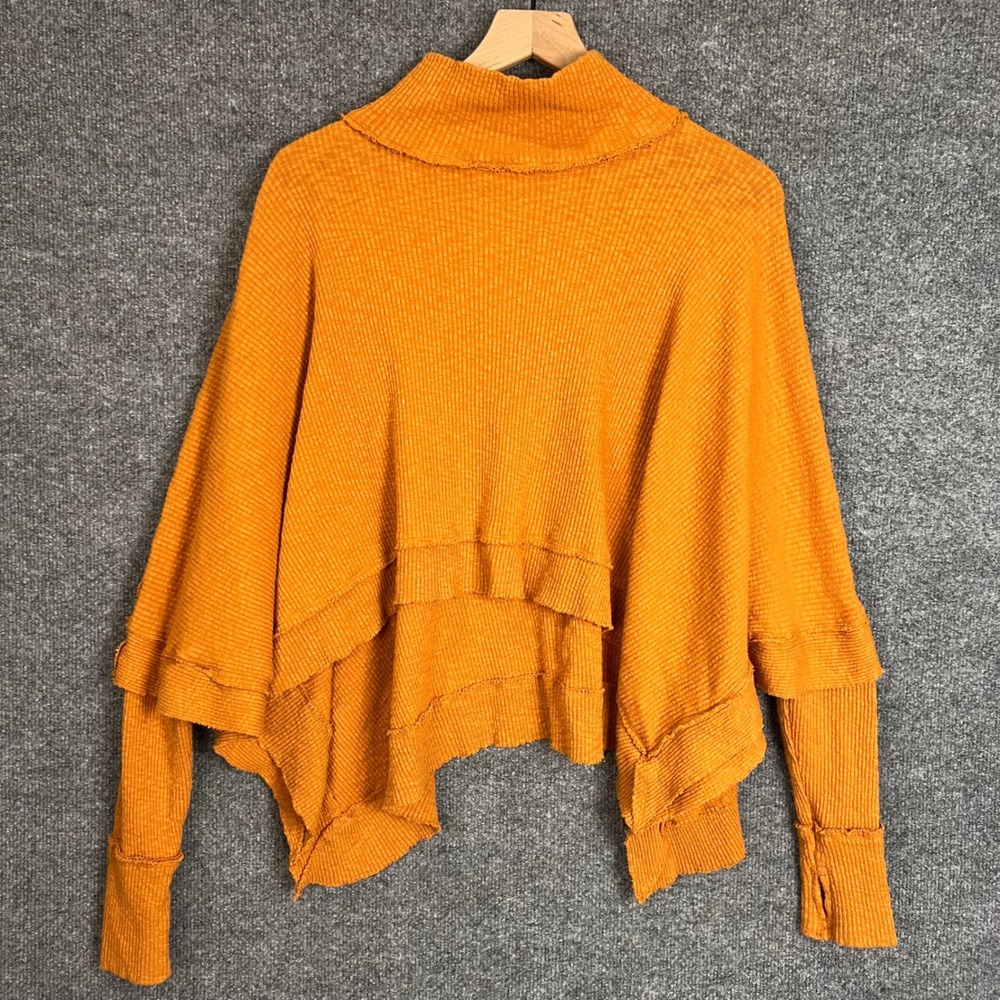 We The Free Thermal Top Womens Small Orange Excellent Raw Hem Mock Neck Poncho
